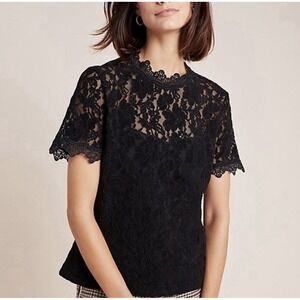 Anthropologie Top Large Womens Mock  Lace Shirt Black Feminine Romantic NWT